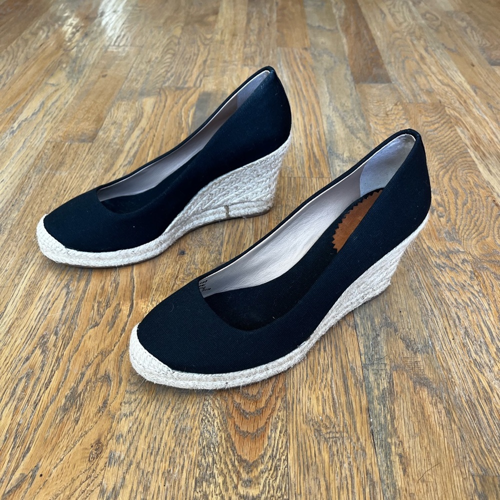 J. Crew cap toe leather lined black canvas espadrille wedges size 7.5/8